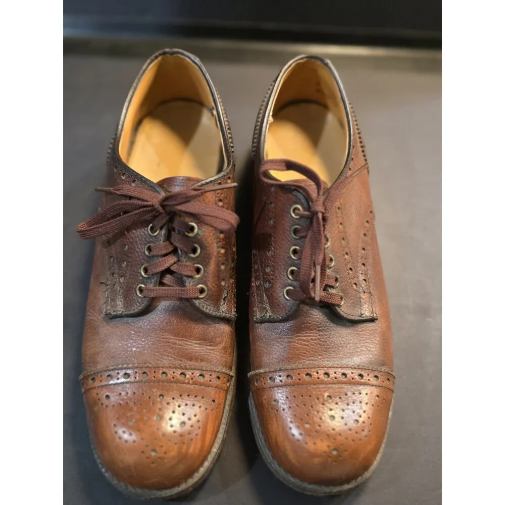 Vintage Hanover Imperial Brown Pebbled Leather Cap Toe Brogue Oxfords 10D W909-2